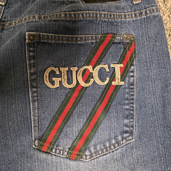 Vintage Gucci Set Mens 42 Denim Shorts & 4XL T Shirt Relaxed Fit Logo Stripe - Picture 5 of 16